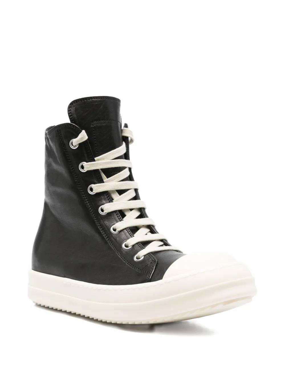 Rick Owens Black High Top Sneakers With Oversized Laces In Leather In Black