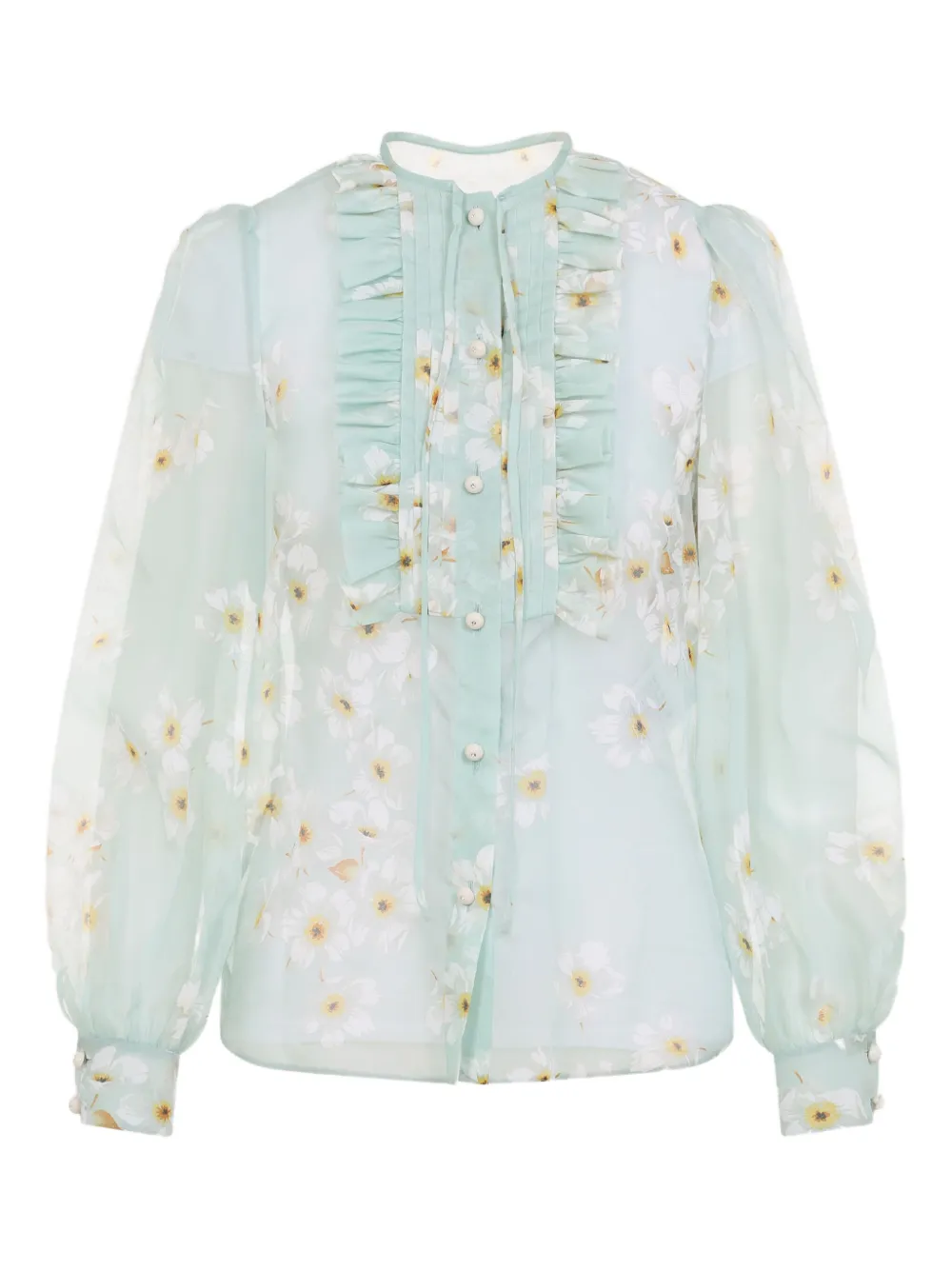 Valentino Garavani ruffled floral-print shirt Blauw