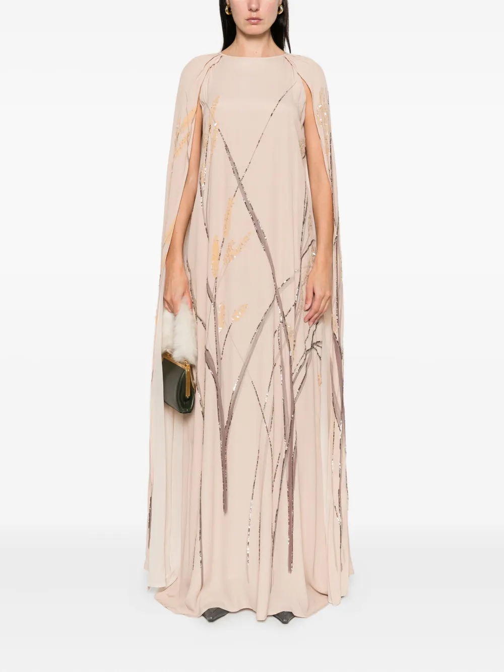 Bernadette Minnie maxi-jurk met geborduurde cape - Beige