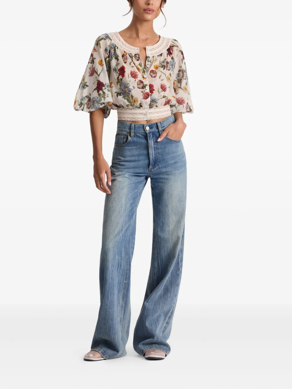 alice + olivia Blouse met bloemen en kanten afwerking Beige