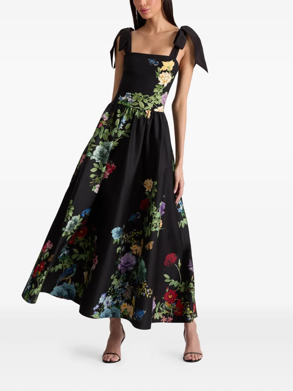 Alice + olivia tie-strap floral midi day dress - Zwart