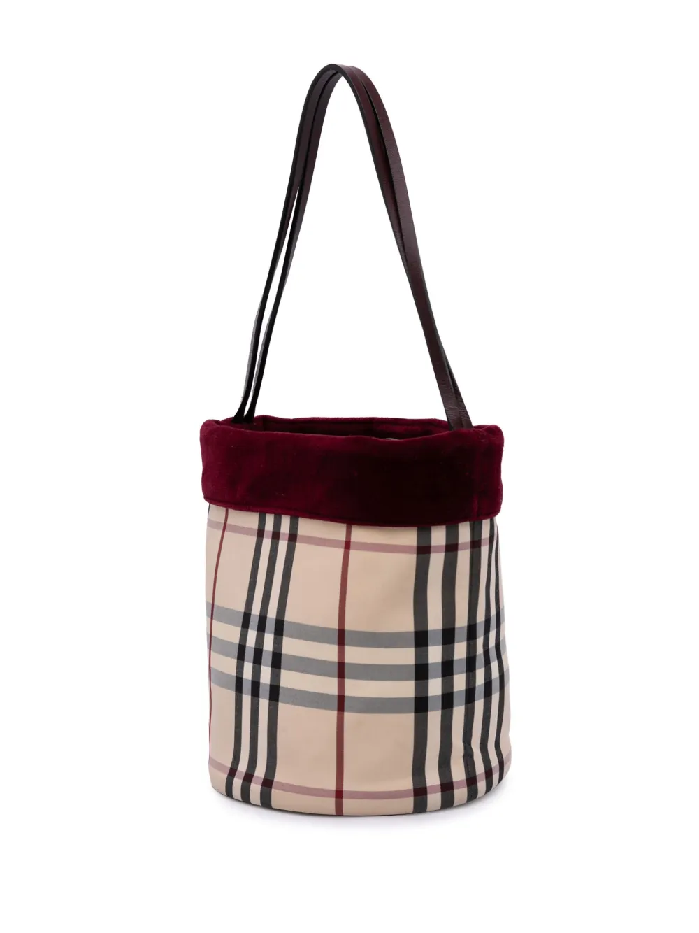 Pre-owned Burberry 2000-2017 Velvet Trimmed House Check Canvas Bucket Bag In Brown