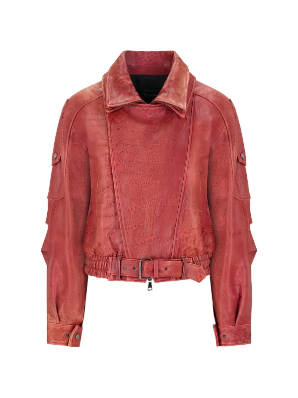 Alessandra Rich Belted Leather Jacket in Red