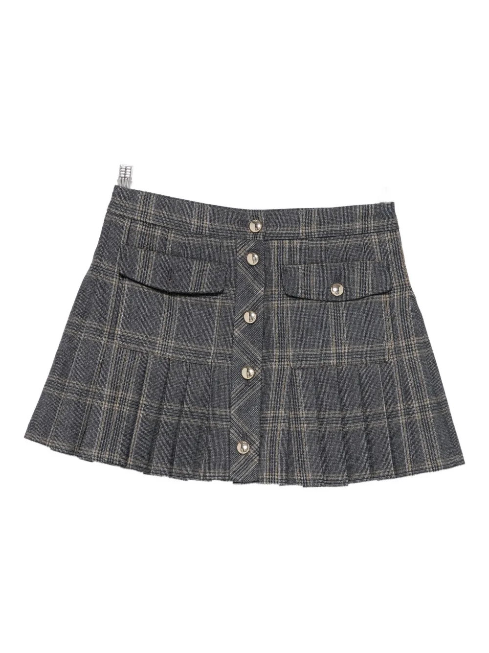 褶饰格纹纽扣迷你半身裙