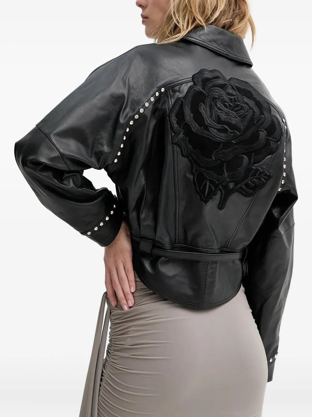 Blugirl Leren jack met studs en geborduurde roos Zwart