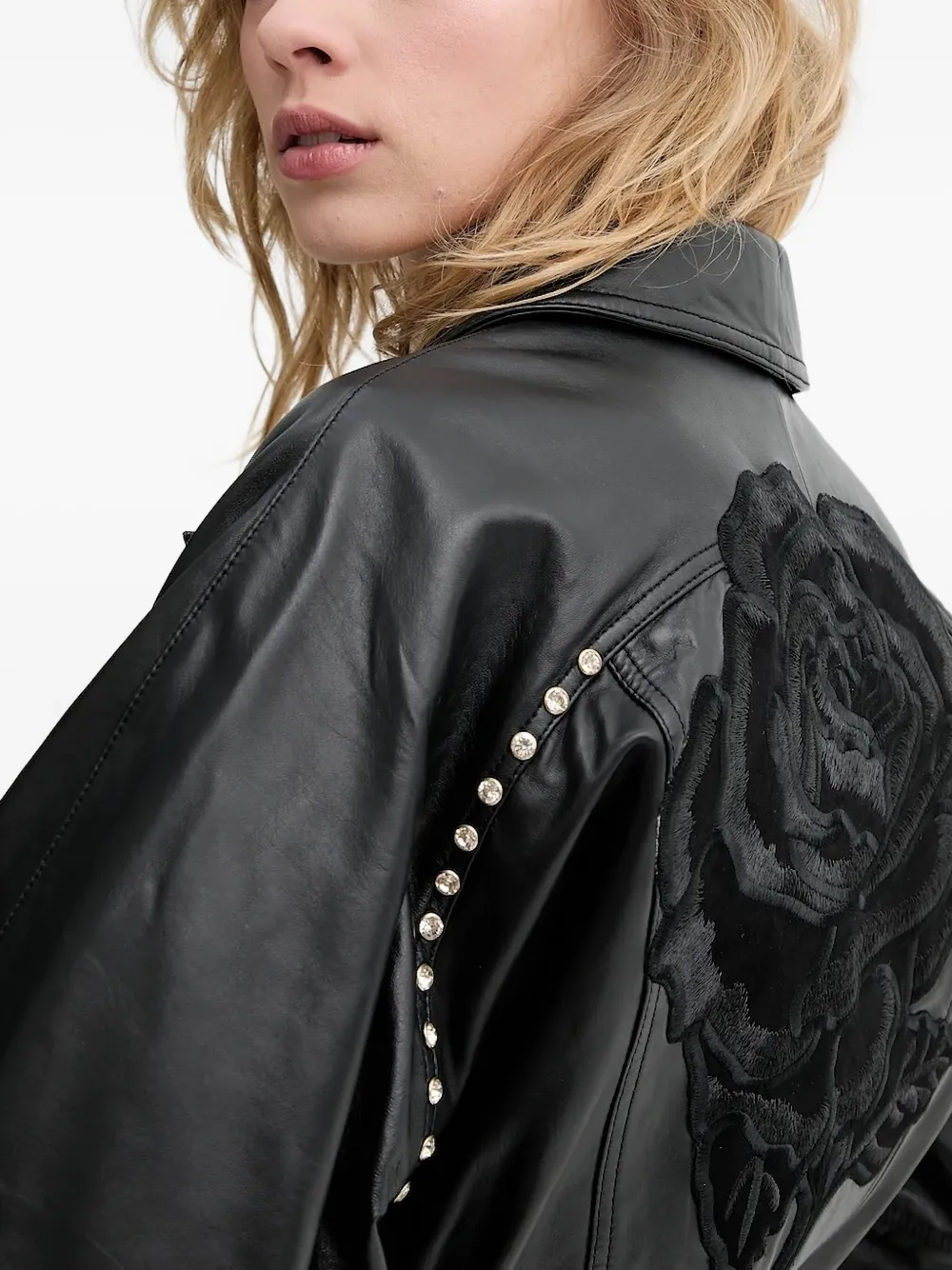 Blugirl Leren jack met studs en geborduurde roos Zwart