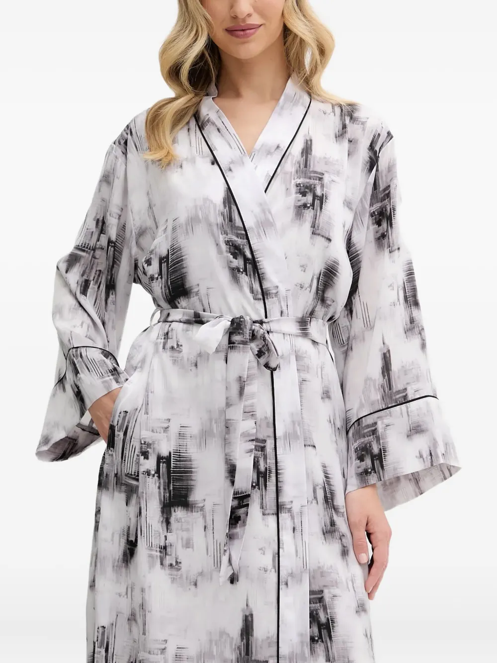 Dkny Abstract-print Belted Robe In White