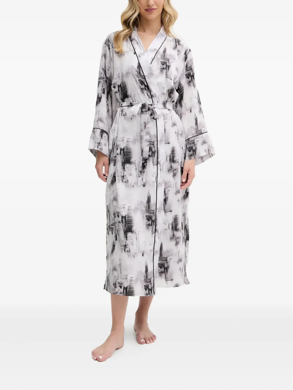 Dkny Abstract-print Belted Robe In White