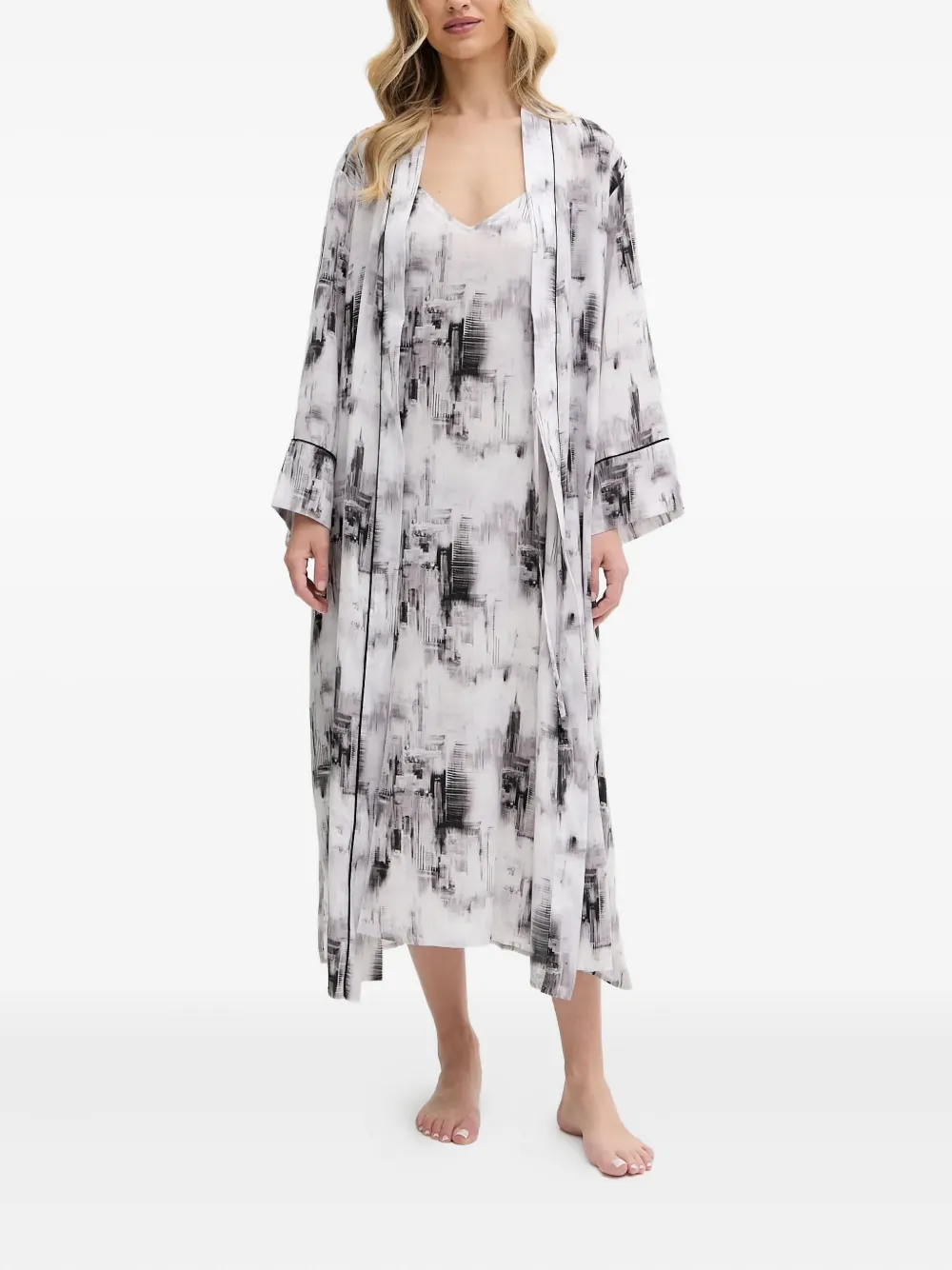 Dkny Abstract-print Belted Robe In White