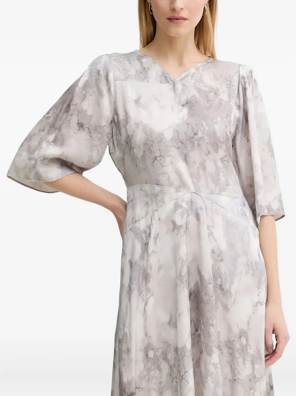 Gestuz Midi-jurk met pofmouwen en marmerprint Grijs