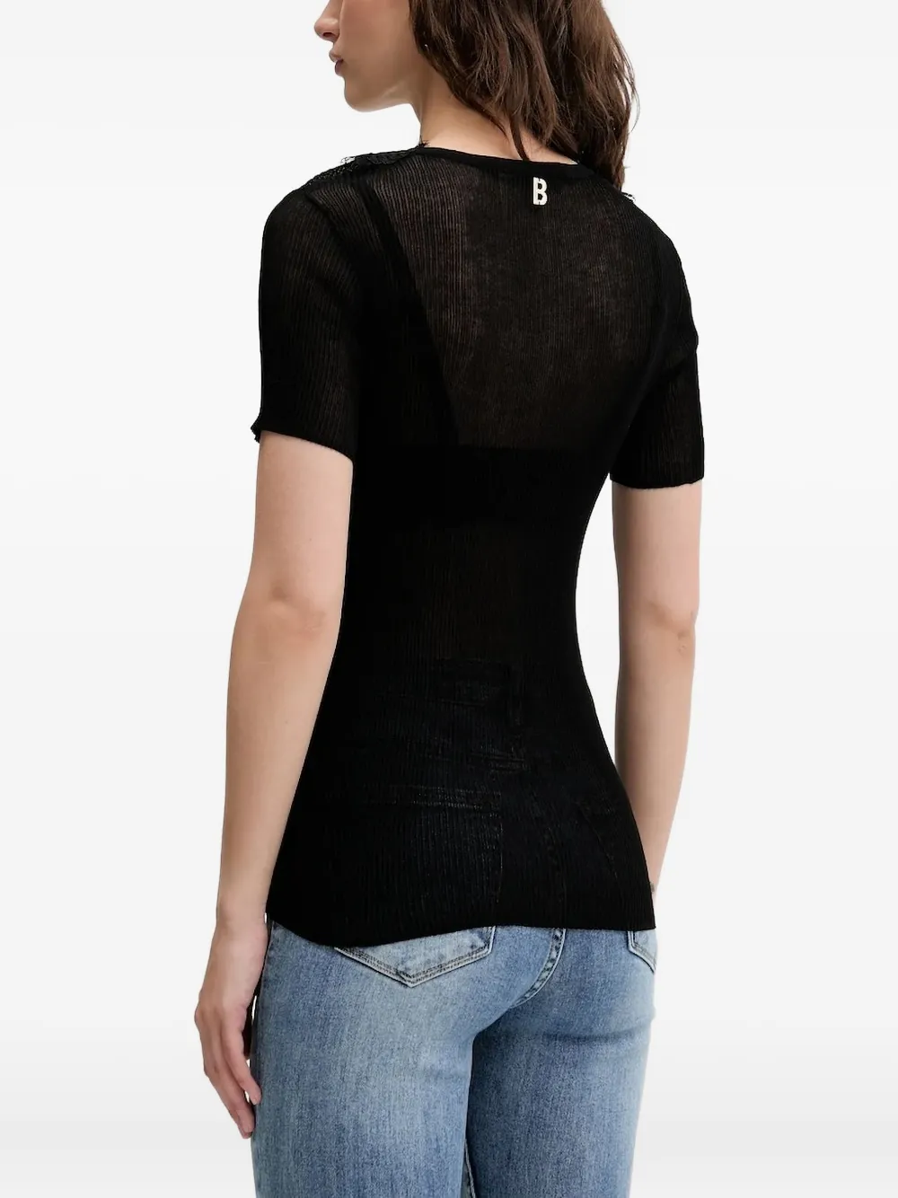 Blugirl Geribbelde top met kanten afwerking - Zwart