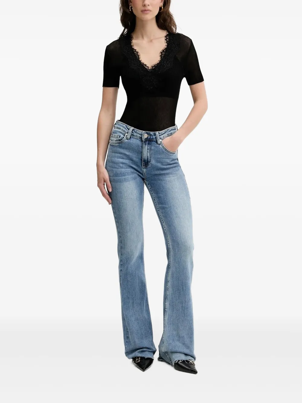 Blugirl Geribbelde top met kanten afwerking Zwart