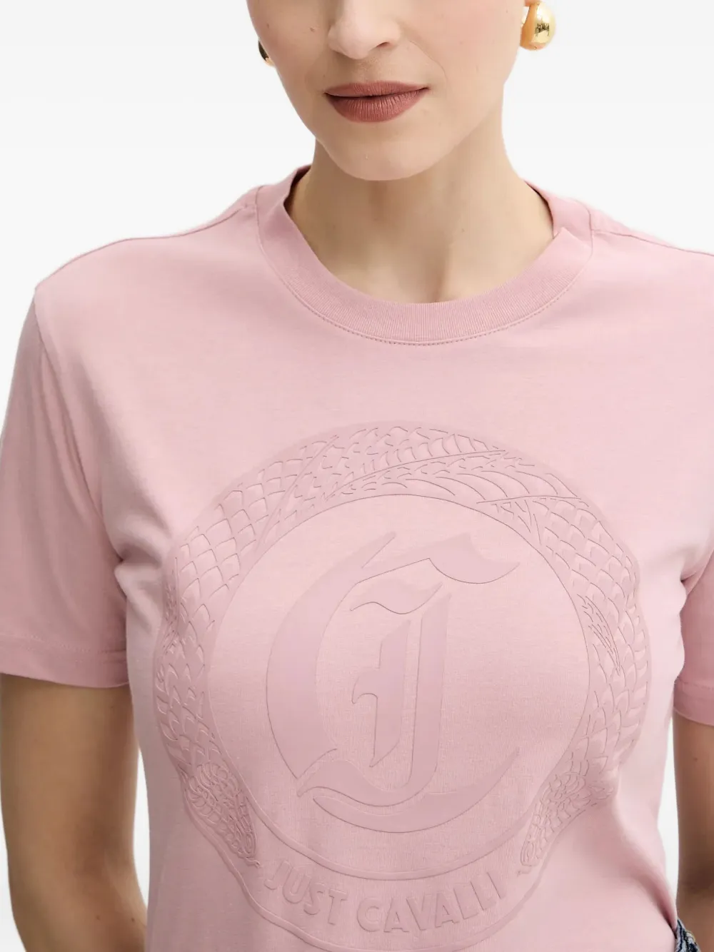 Just Cavalli Crew-neck Embossed-logo T-shirt In Pink