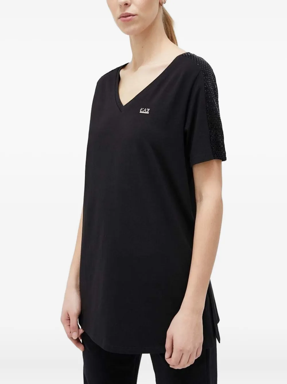 Ea7 Sequin-embellished V-neck T-shirt In Black