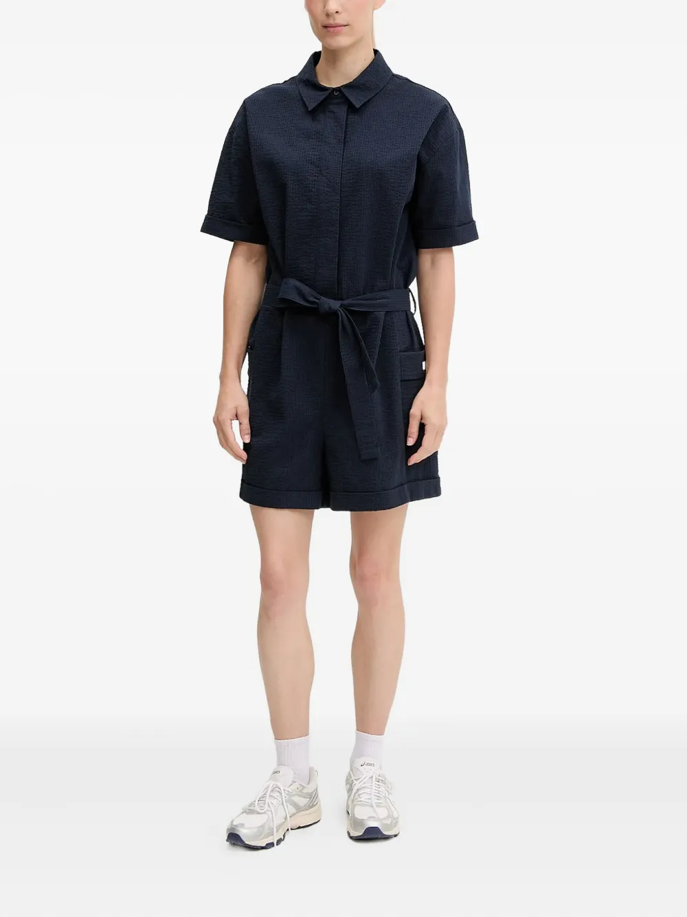 Ea7 Emporio Armani textured belted playsuit - Blauw