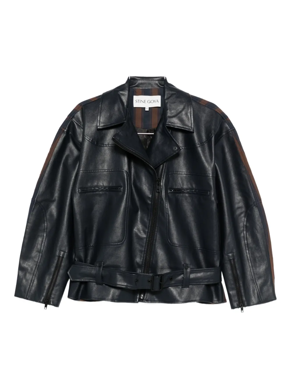 Stine Goya belted stripe-detail biker jacket Blauw