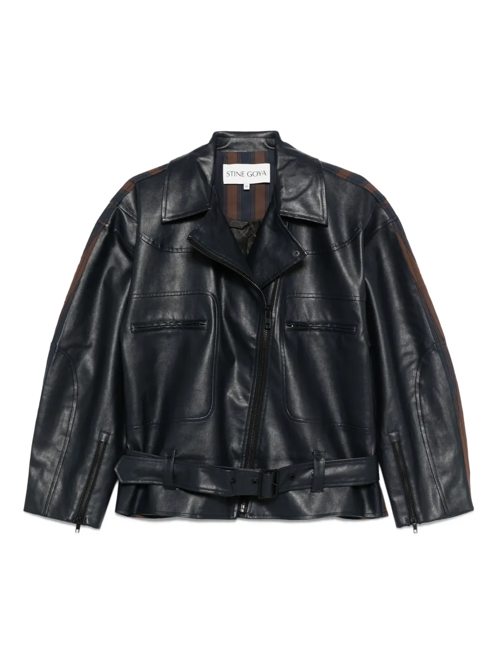 Stine Goya belted stripe-detail biker jacket Blauw