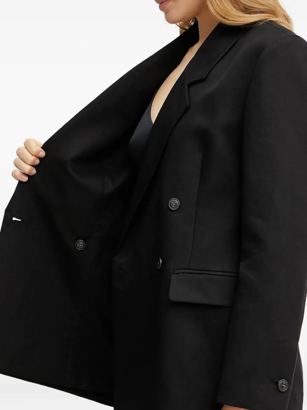 Ivy & Oak Double-breasted Linen-blend Blazer In Black