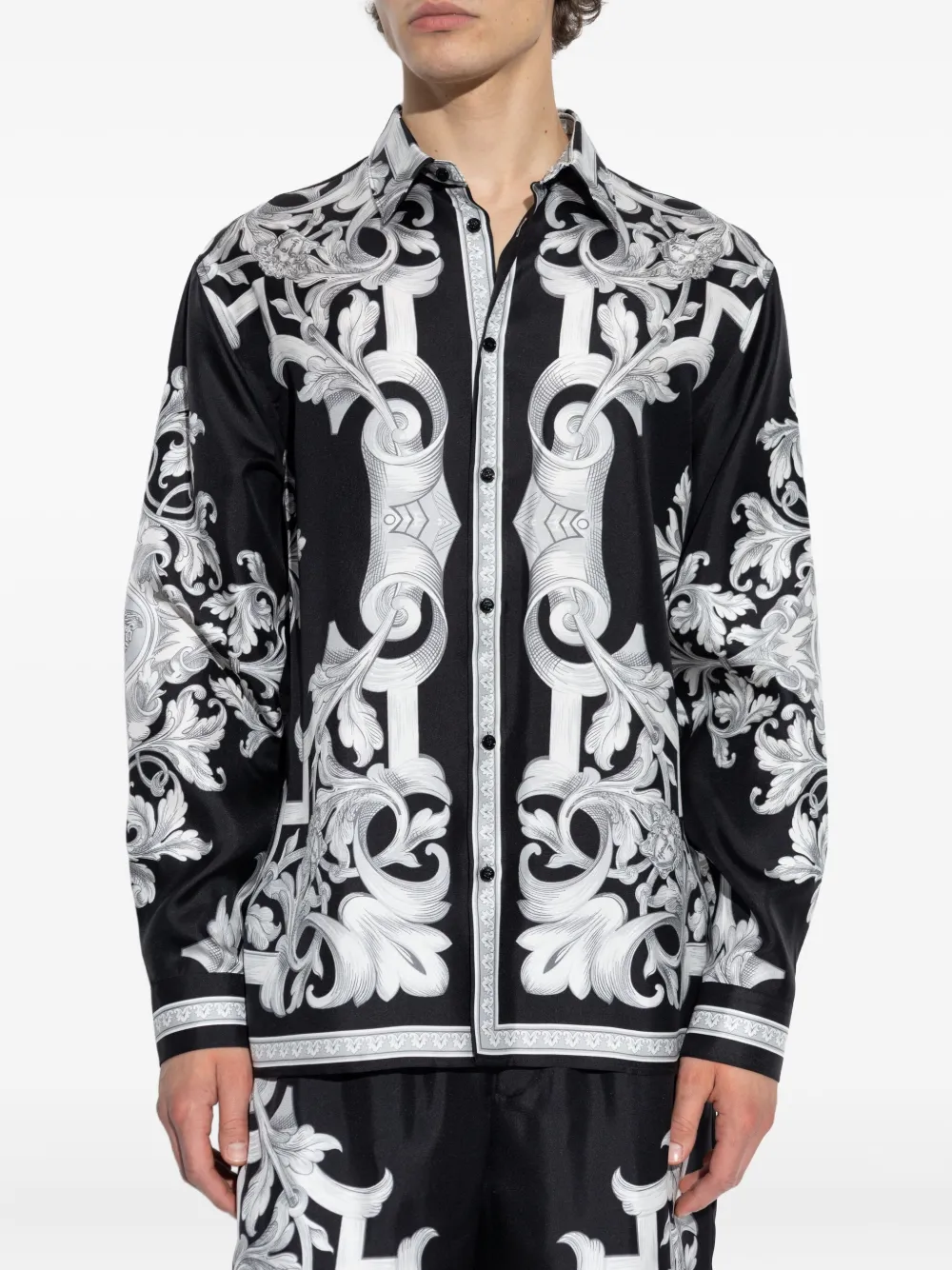 Versace Zijden overhemd met barokprint Zwart