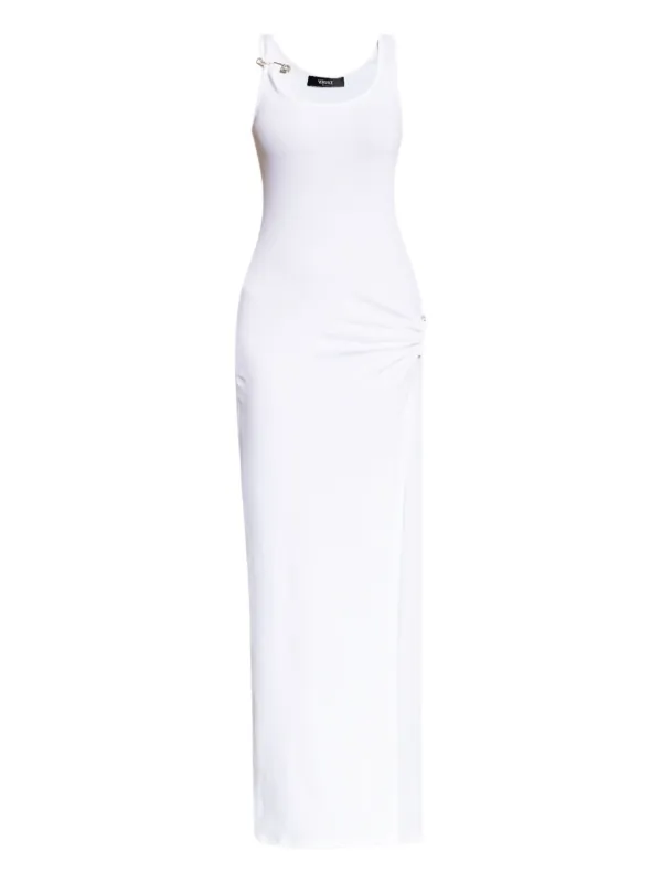 Versace White Safety Pin Ribbed Knit Draped Gown