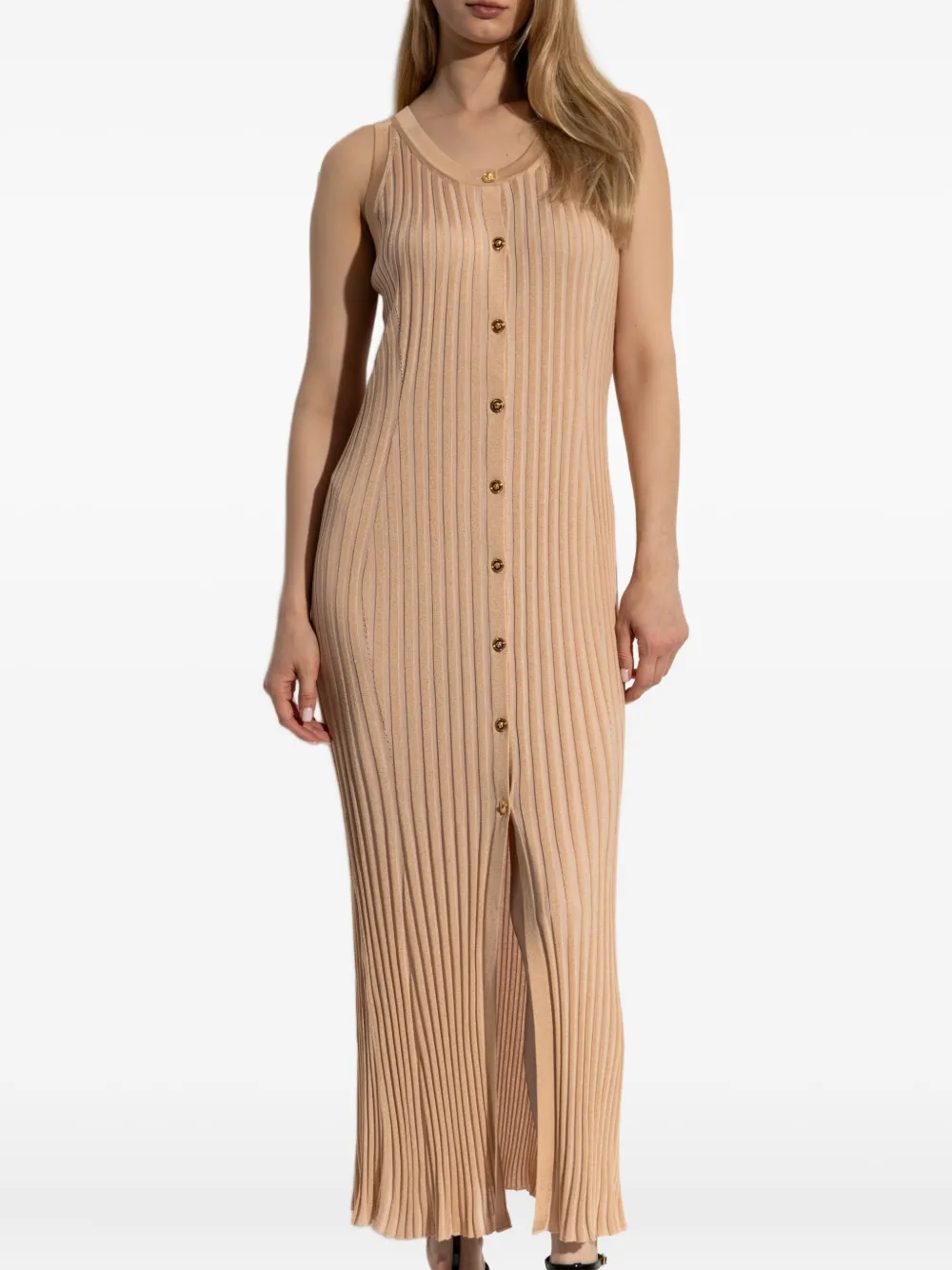 Versace Geribbelde button-down midi-jurk Beige