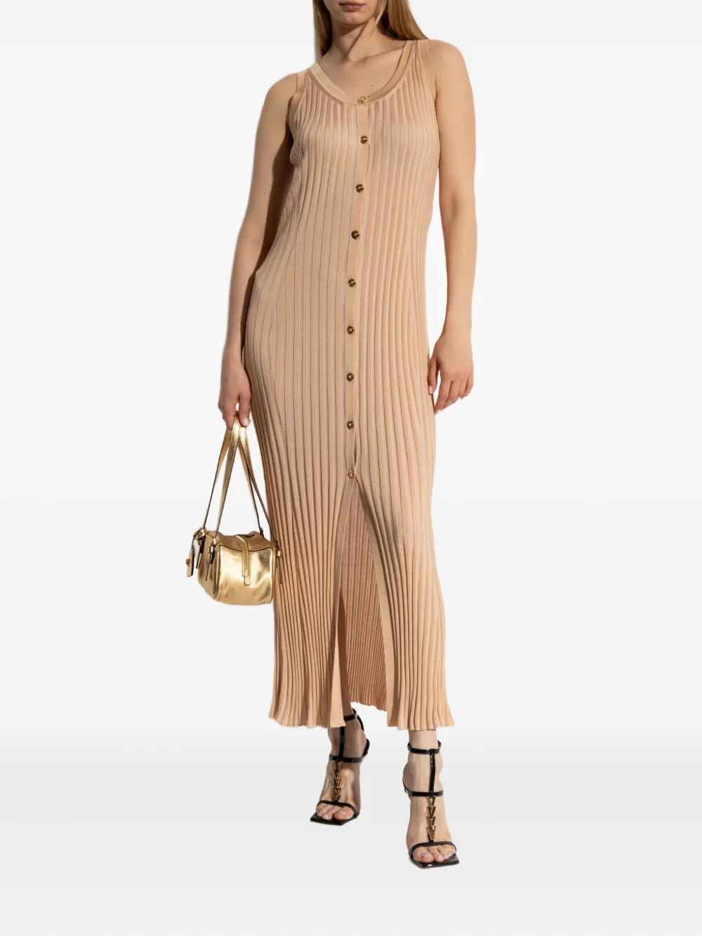 Versace Geribbelde button-down midi-jurk Beige