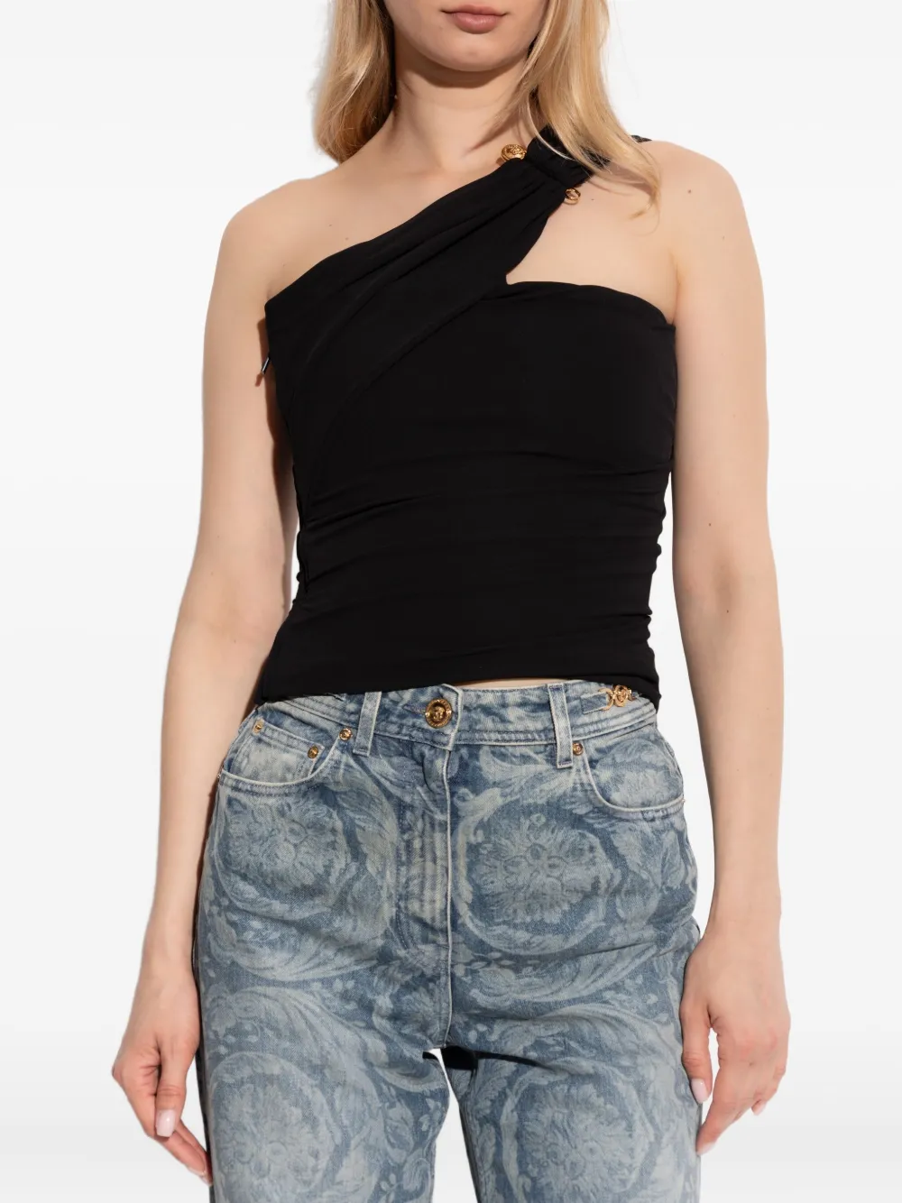 Versace Asymmetrical One-shoulder Top In Black