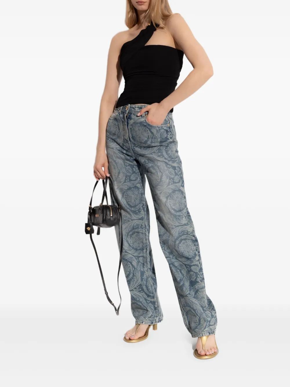 Versace Asymmetrical One-shoulder Top In Black