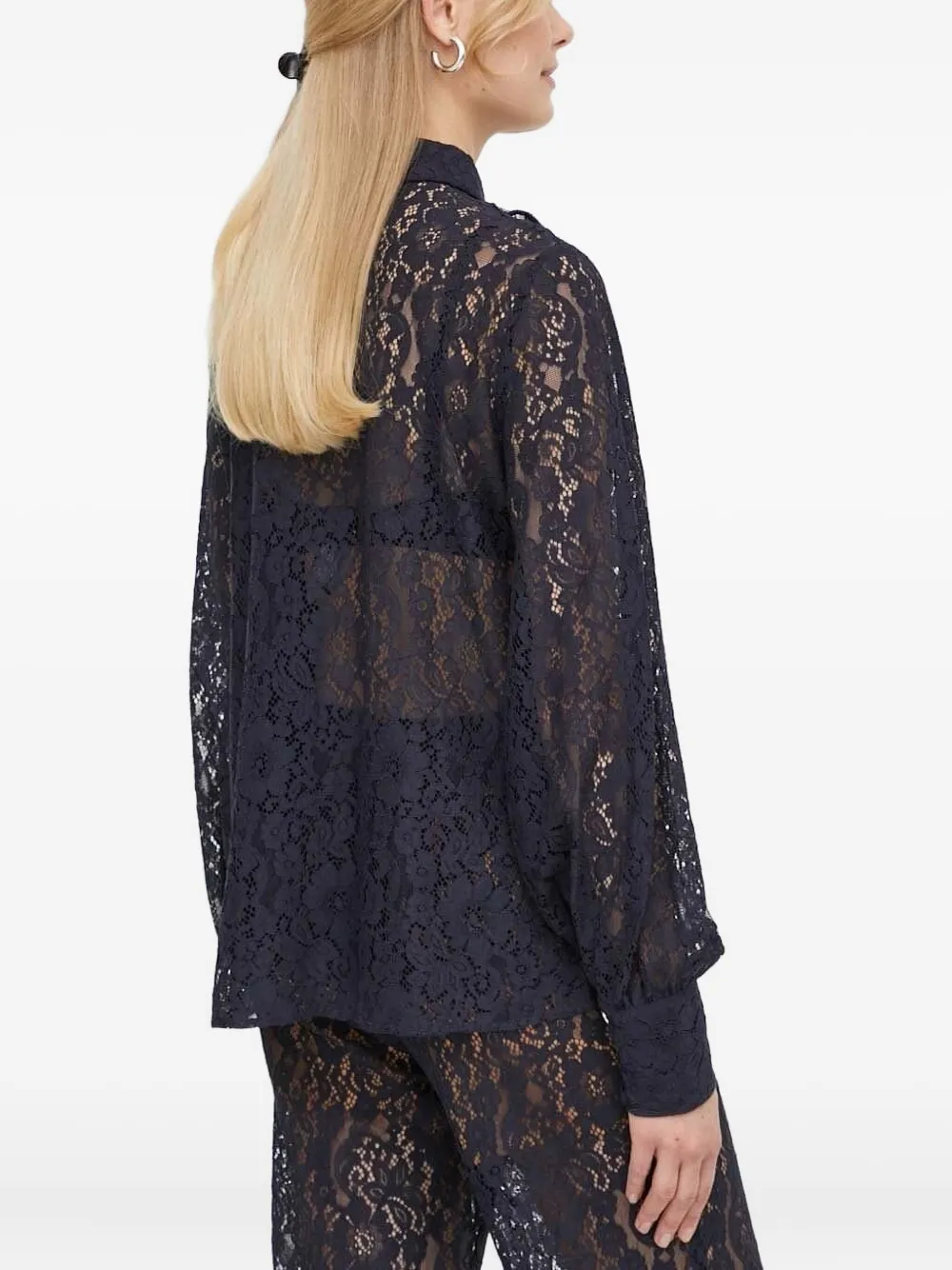 Bruuns Bazaar Blouse met ruchekraag en kant - Blauw