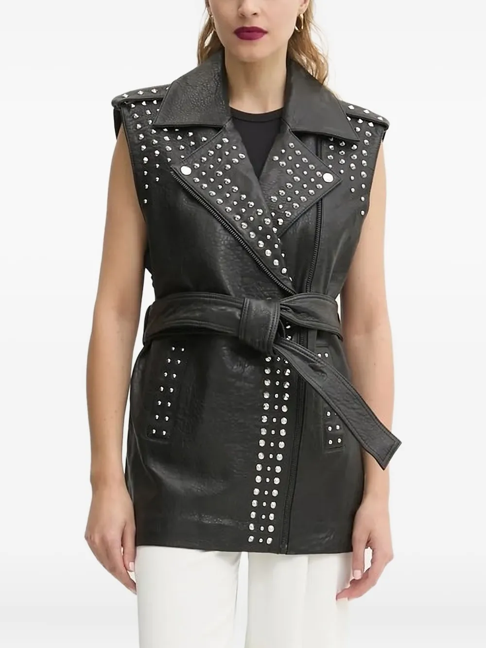 Bruuns Bazaar Studded Belted Leather Vest In Black