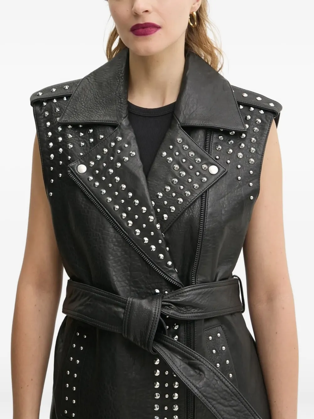 Bruuns Bazaar Studded Belted Leather Vest In Black