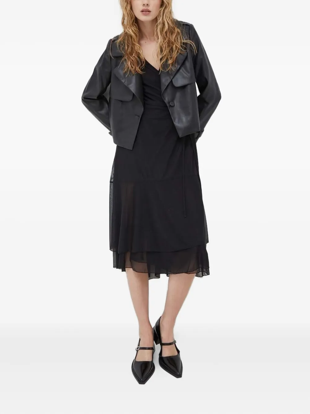 Bruuns Bazaar Wrap Sheer-sleeve Midi Dress In Black