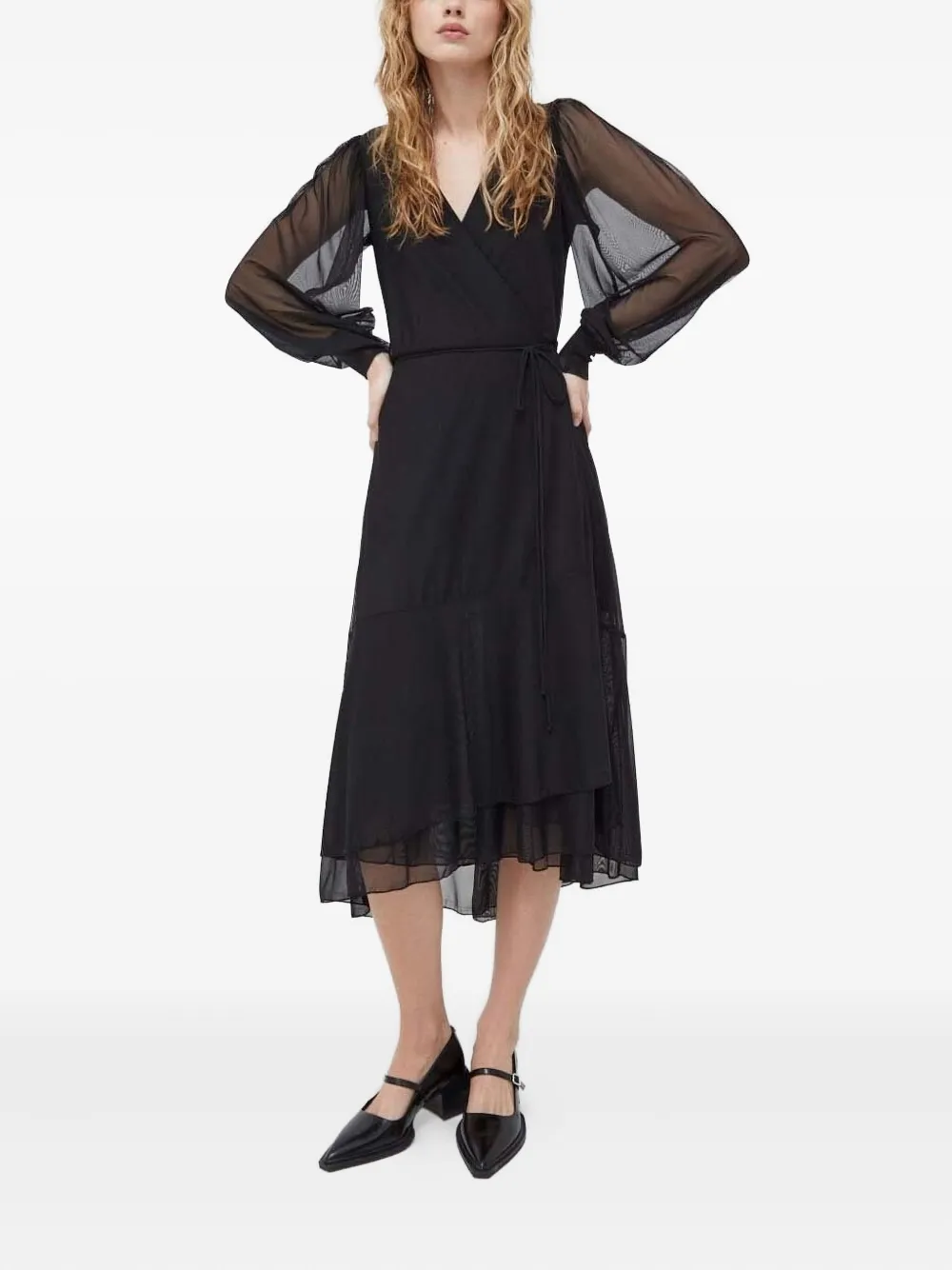 Bruuns Bazaar Wrap Sheer-sleeve Midi Dress In Black