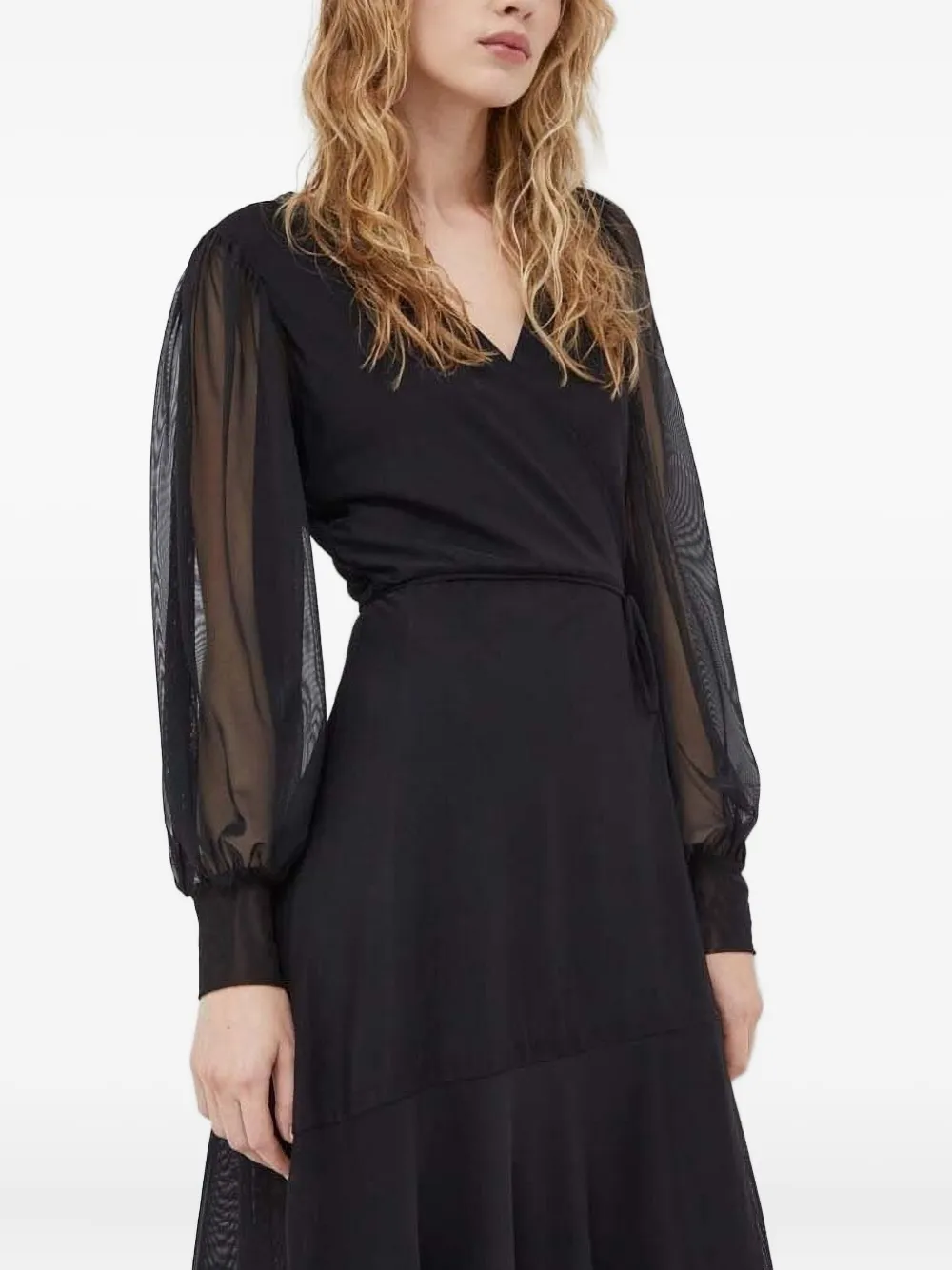 Bruuns Bazaar Wrap Sheer-sleeve Midi Dress In Black