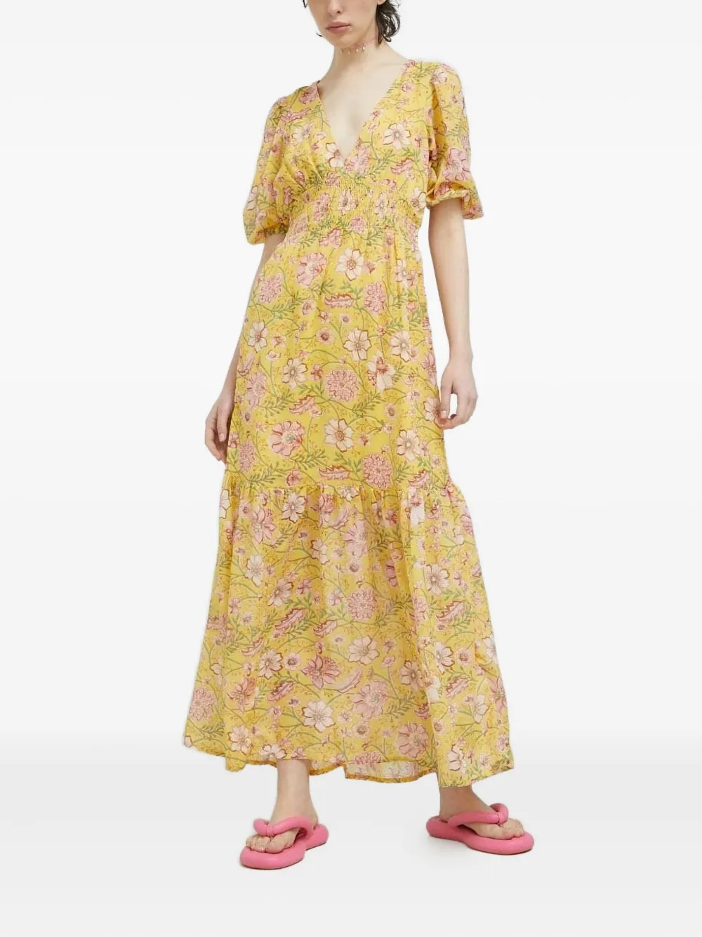 Billabong Floral-print Smocked Maxi Dress In Yellow