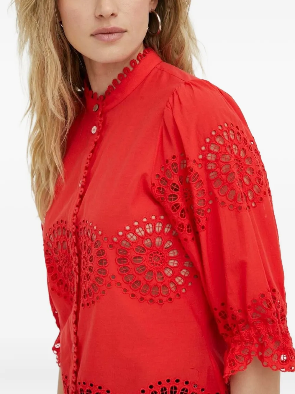Bruuns Bazaar Eyelet-embroidered Puff-sleeve Top In Red