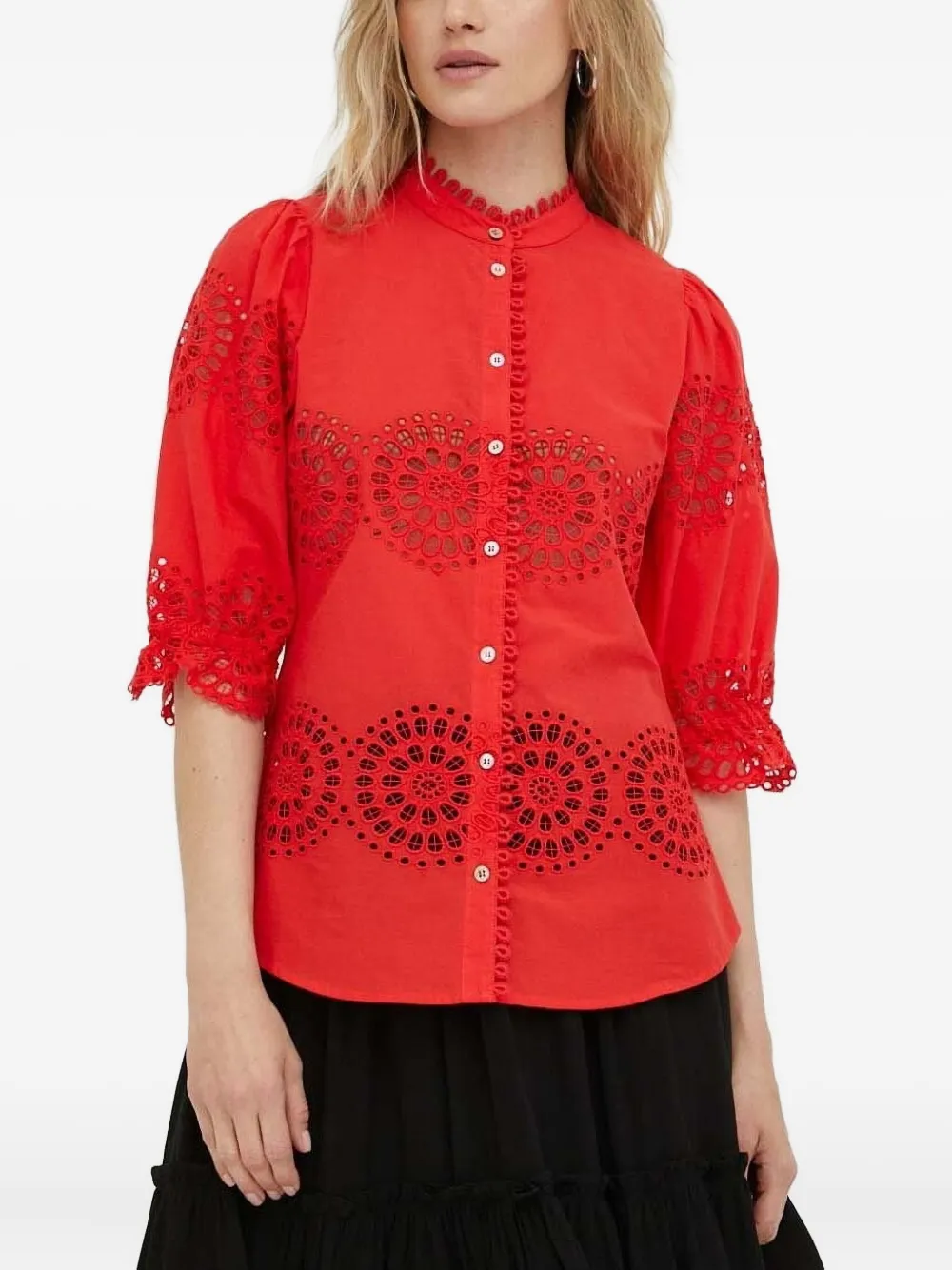 Bruuns Bazaar Eyelet-embroidered Puff-sleeve Top In Red