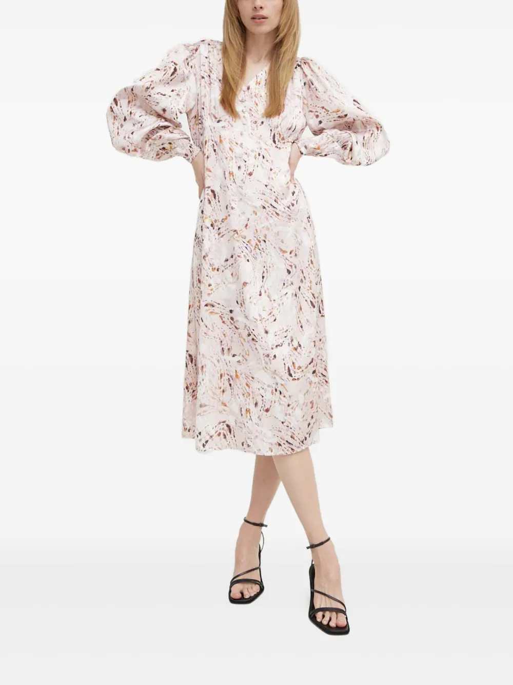 Bruuns Bazaar Jurk met pofmouwen en marmerprint - Roze