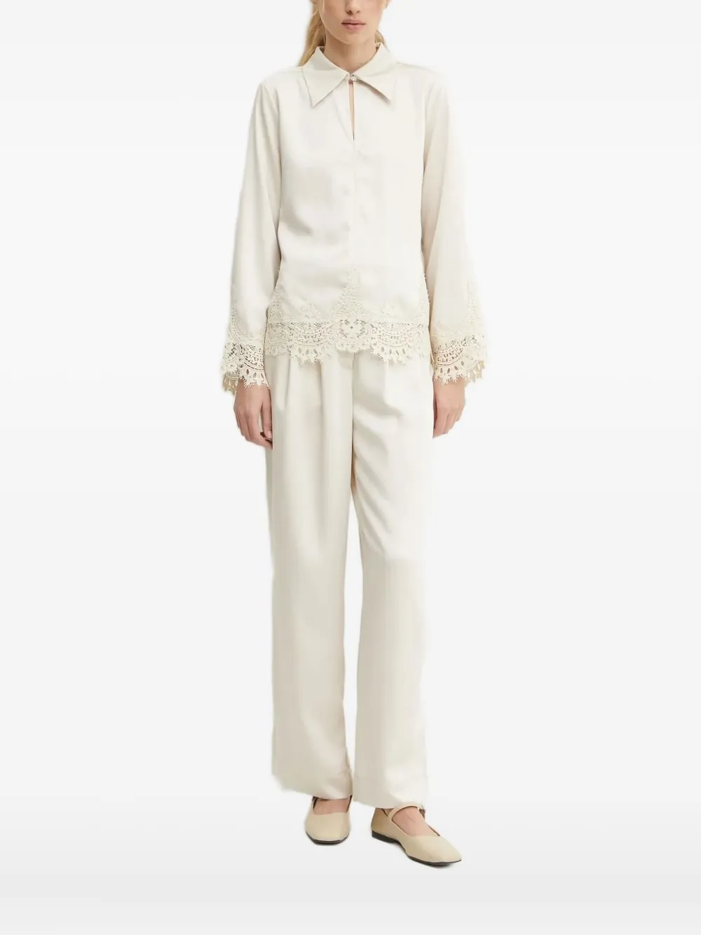 Bruuns Bazaar Lace-trimmed Satin-effect Blouse In Neutral