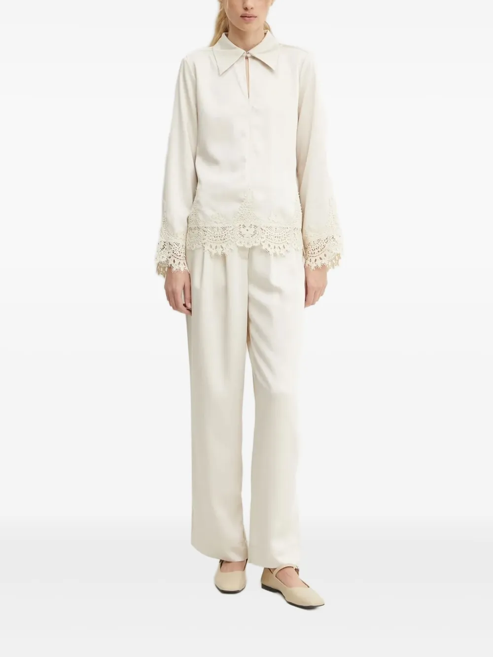 Bruuns Bazaar lace-trimmed satin-effect blouse | Neutrals | Image 1