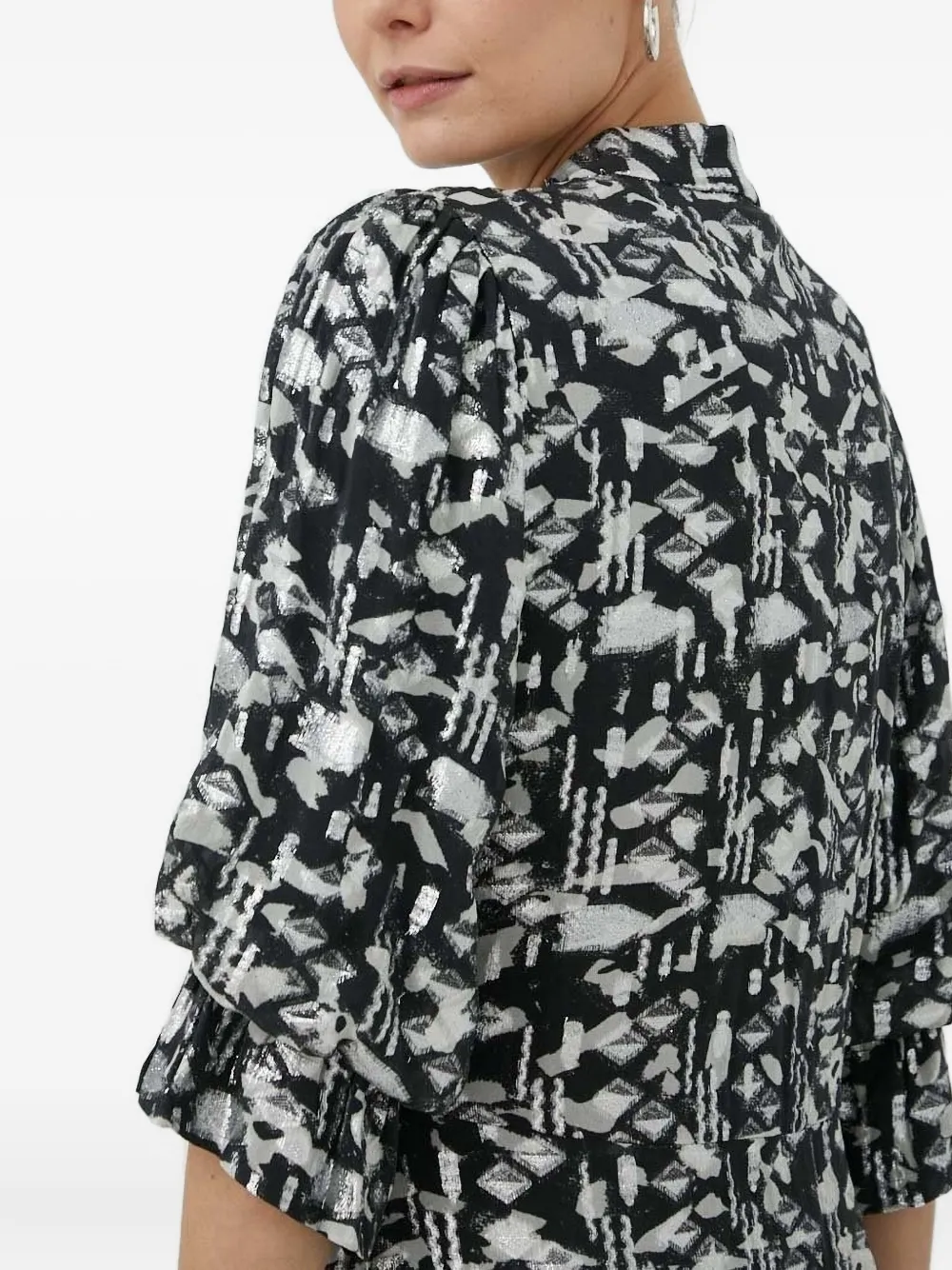 Bruuns Bazaar Geometric-print Puff-sleeve Midi Dress In Black