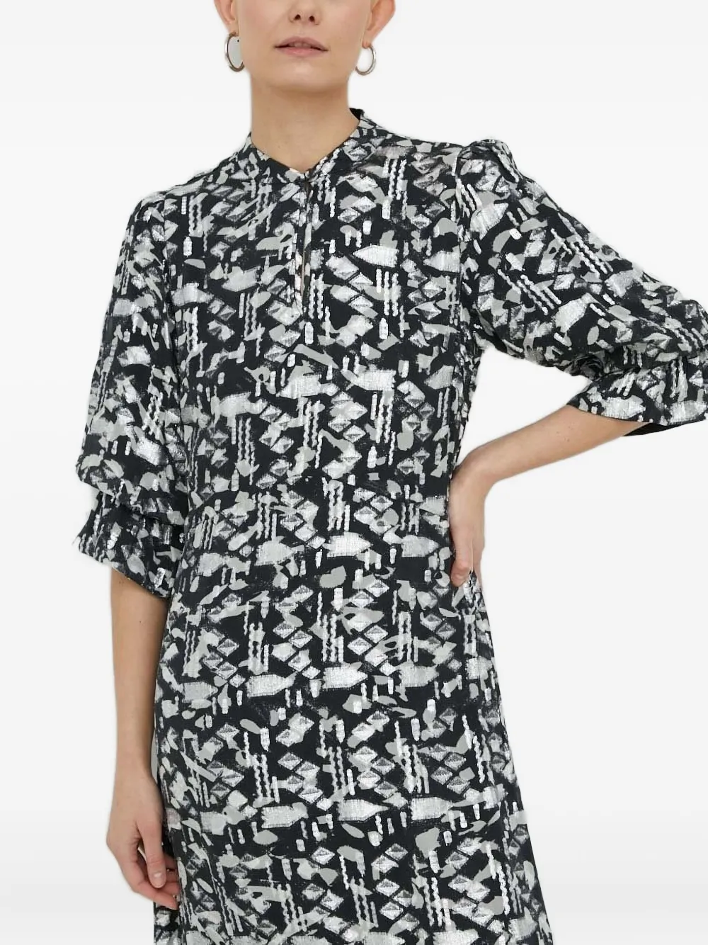 Bruuns Bazaar Geometric-print Puff-sleeve Midi Dress In Black