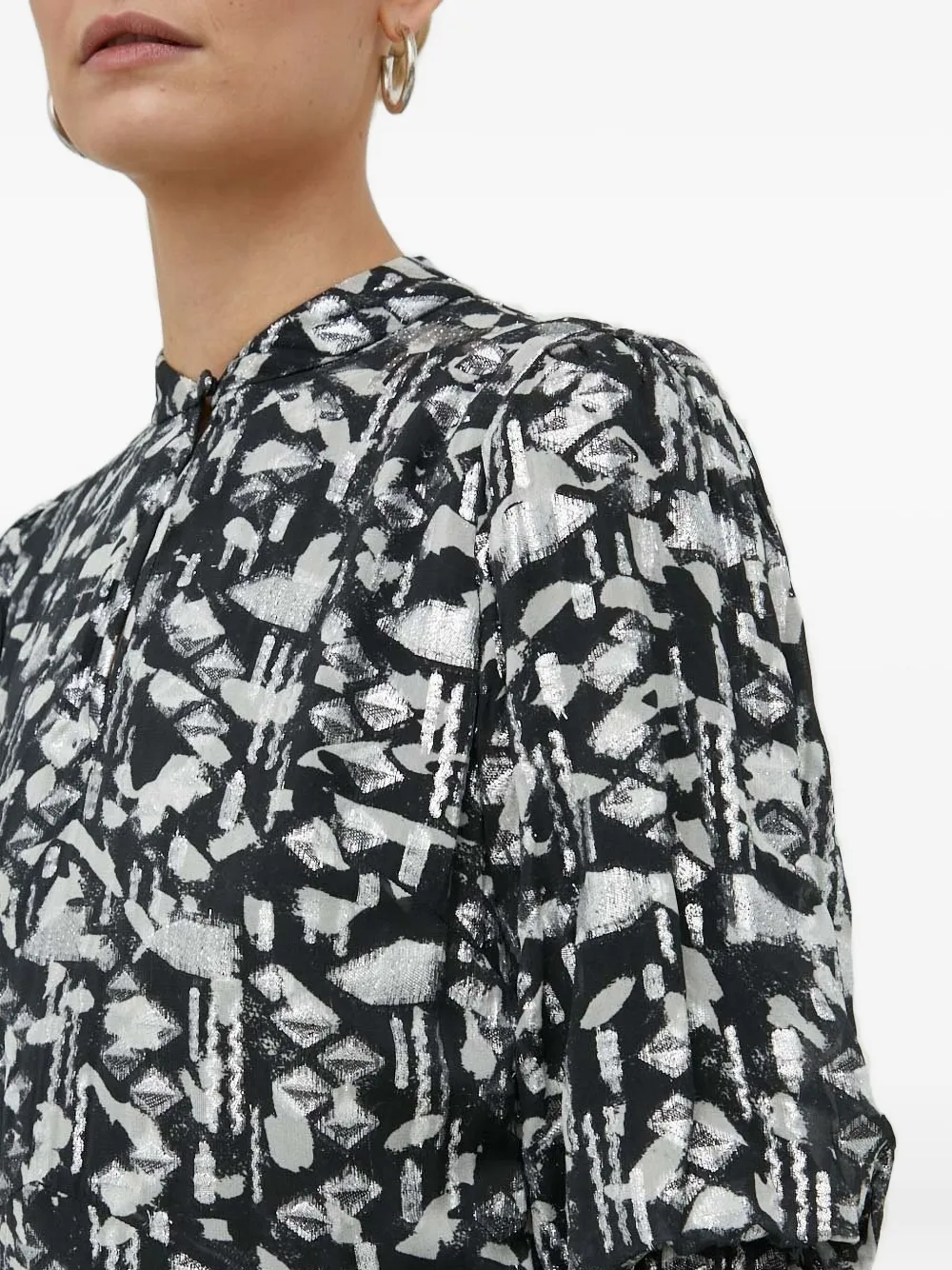 Bruuns Bazaar Geometric-print Puff-sleeve Midi Dress In Black