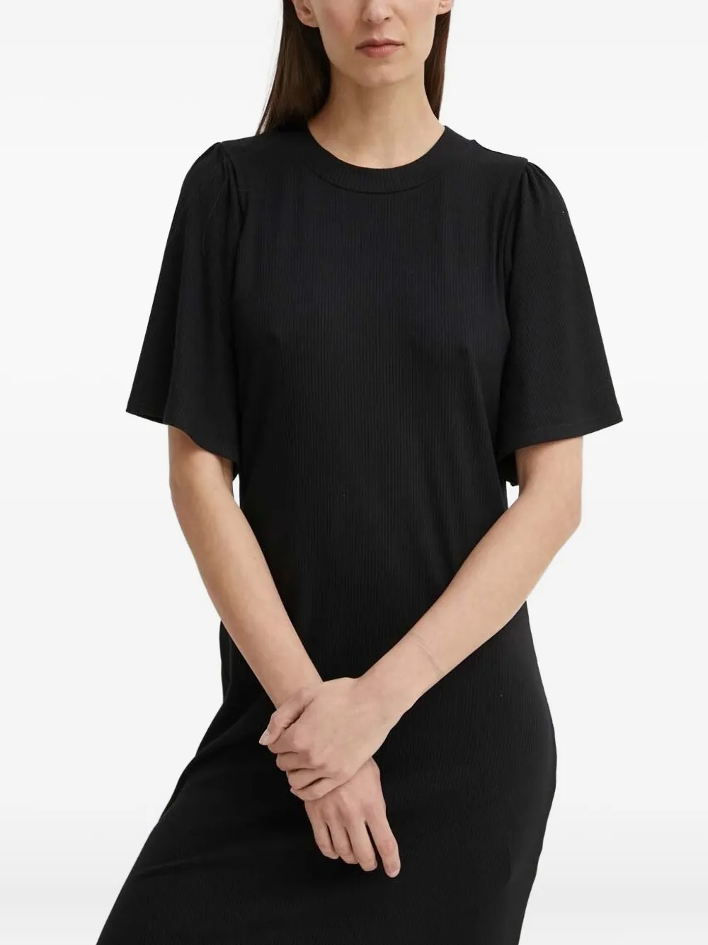 Bruuns Bazaar Ribbed Flared-sleeve Midi Dress In Black