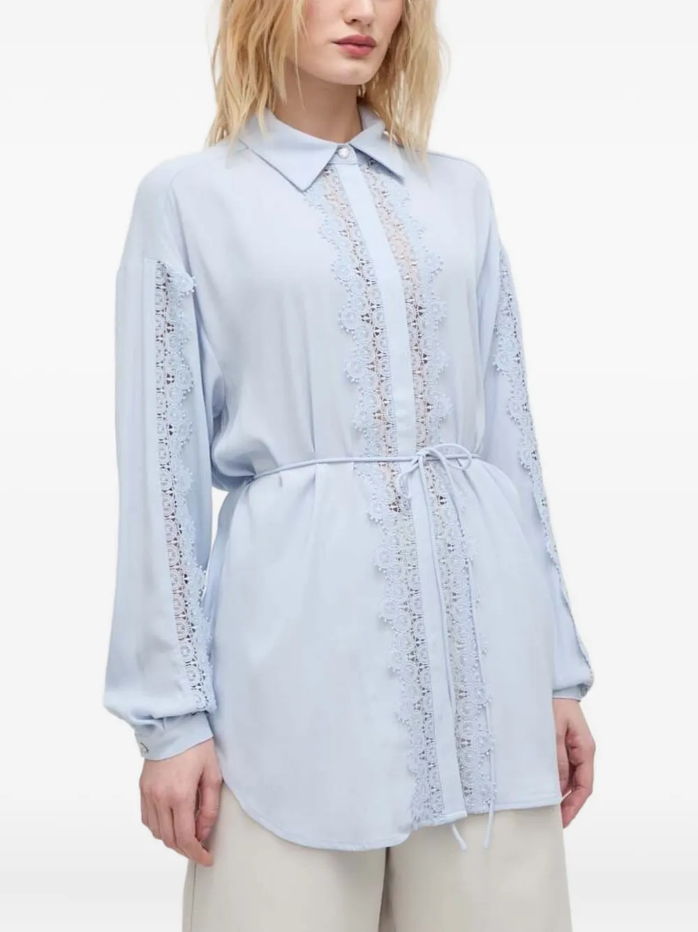  Bruuns Bazaar Lace-insert Belted Shirt - Blue 