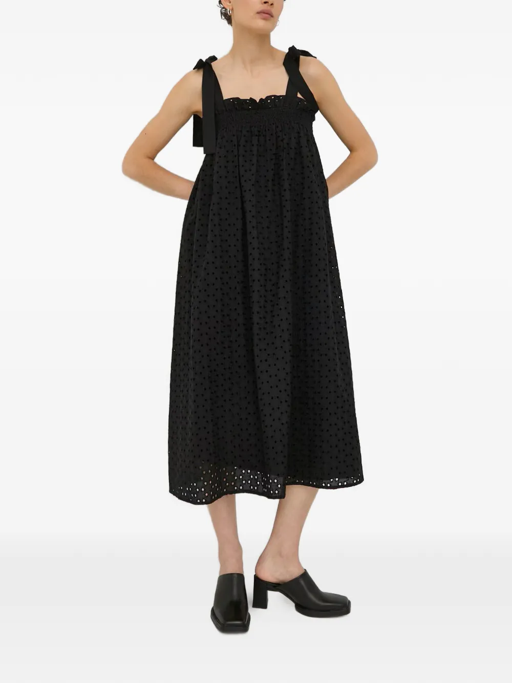 Bruuns Bazaar tie-strap perforated midi dress - Nero