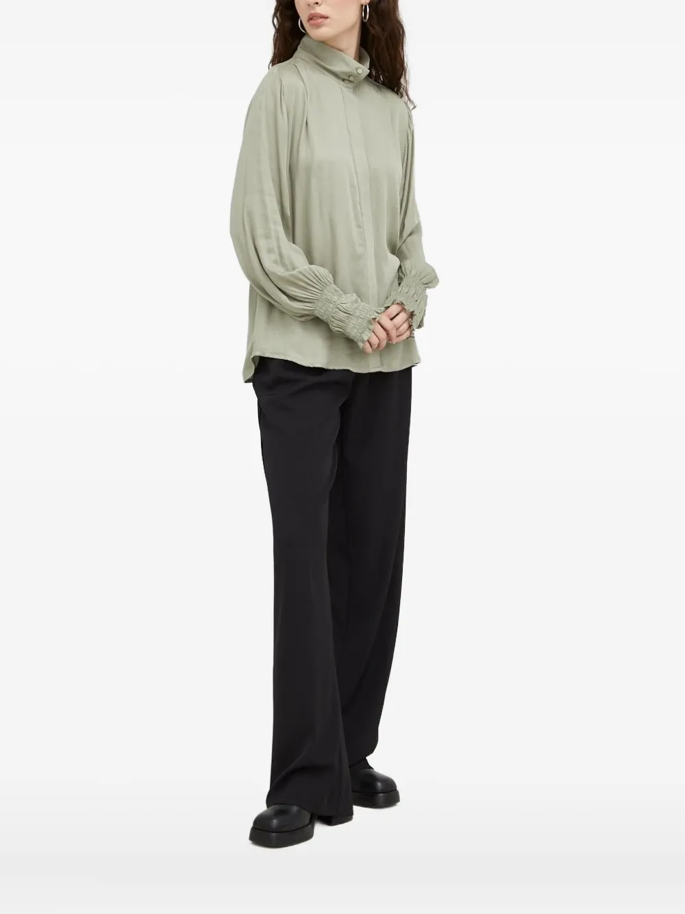 Bruuns Bazaar Turtleneck Smocked-cuffs Blouse In Gray