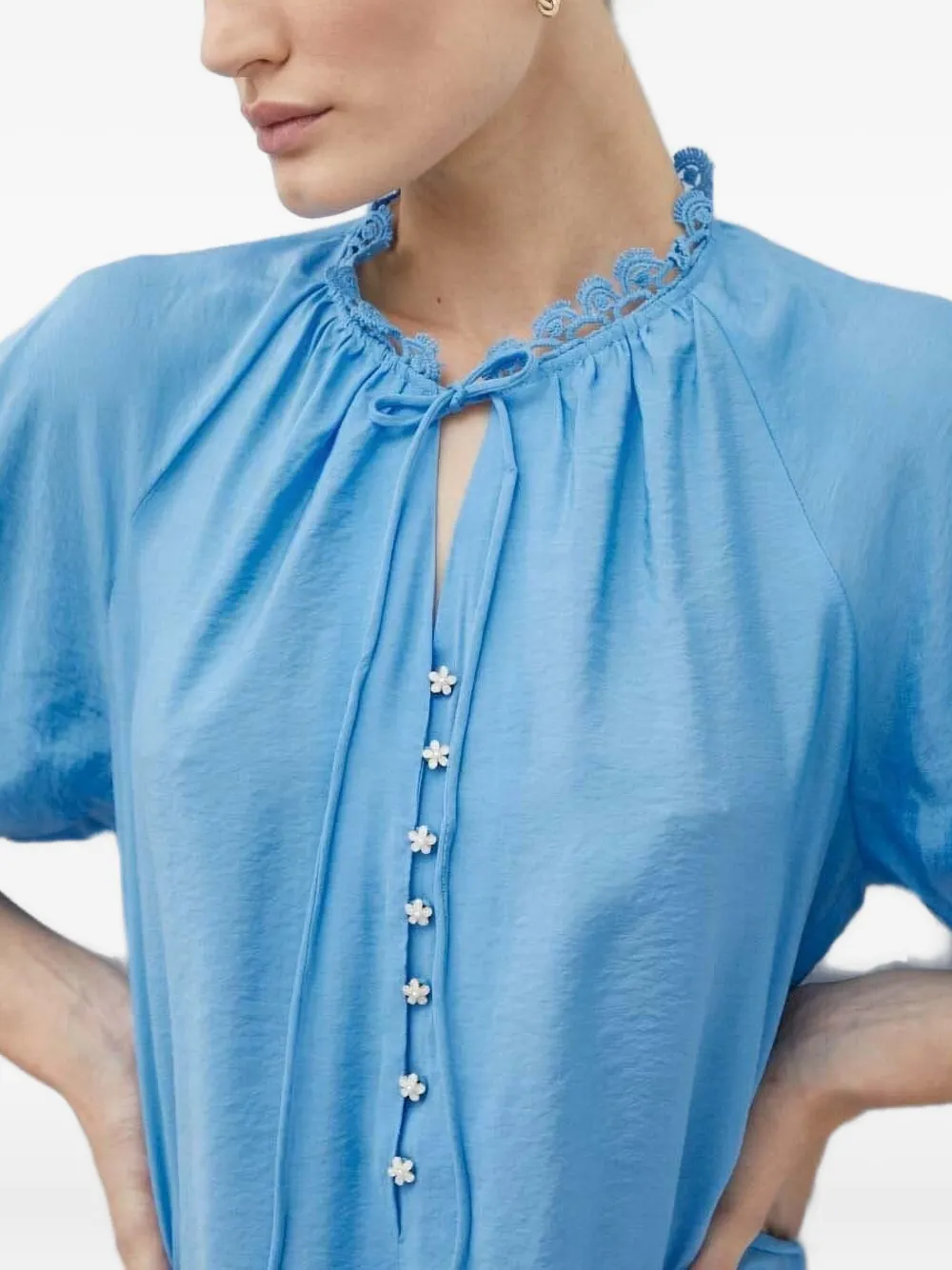 Bruuns Bazaar Lace-trimmed Flower-button Blouse In Blue