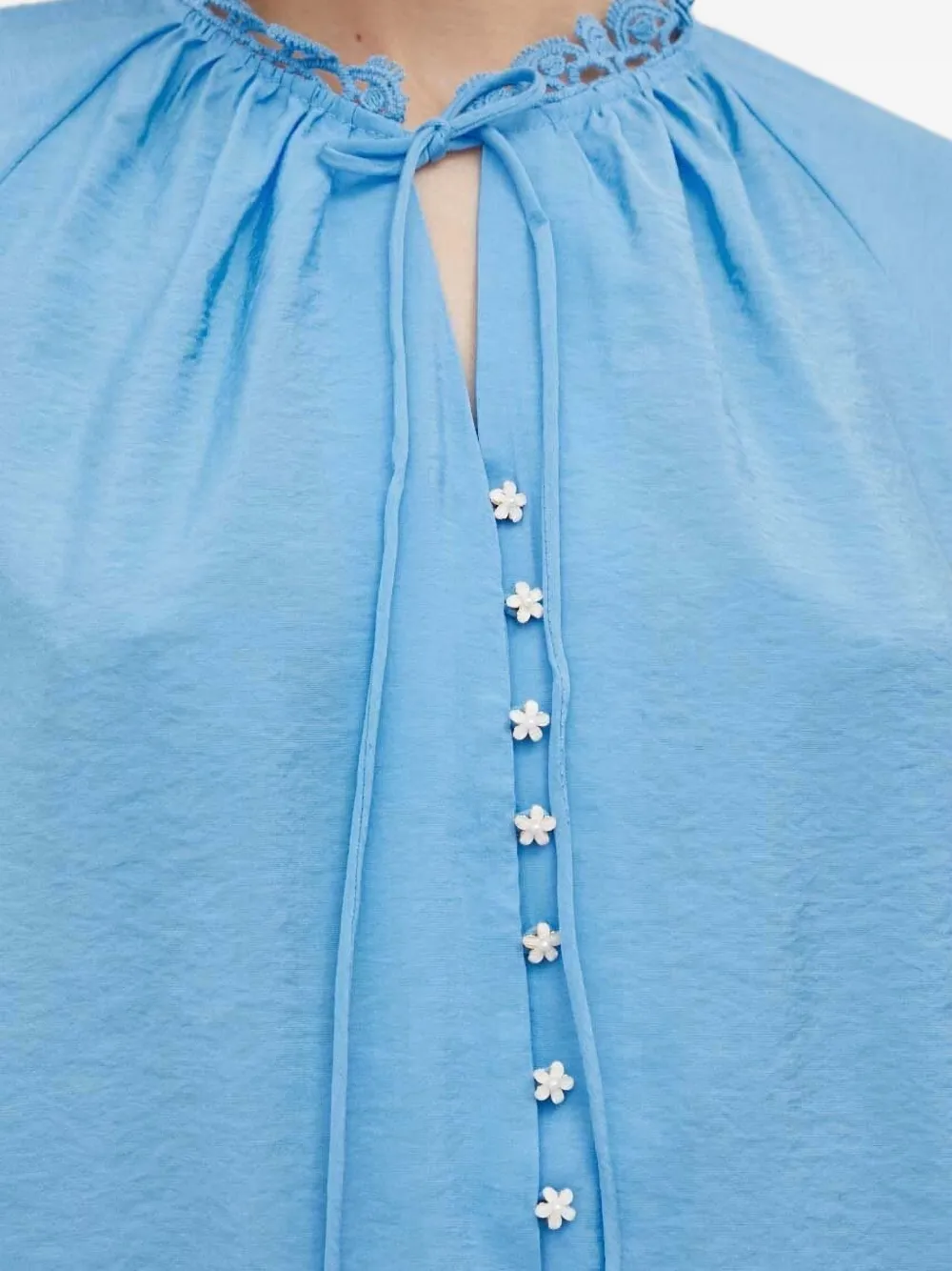 Bruuns Bazaar Lace-trimmed Flower-button Blouse In Blue