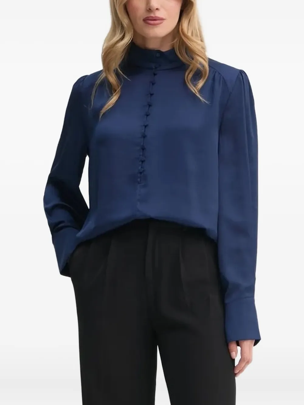 Bruuns Bazaar Mock-neck Embellished-cuff Blouse In Blue